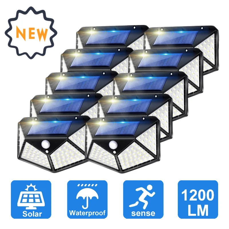Najnowocześniejsze lampy solarne z czujnikiem ruchu – 100 LED, 3 tryby, wodoodporne IP65