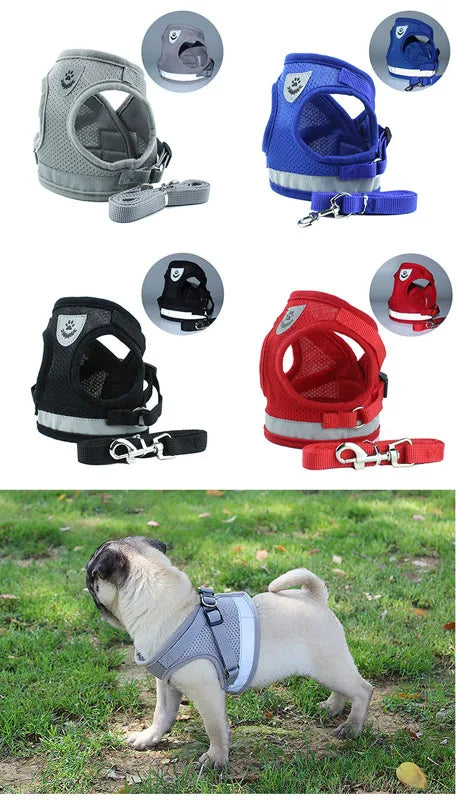 Odblaskowy zestaw uprzęży i smyczy dla psów i kotów, idealny dla małych i średnich ras, np. Chihuahua, Mops.