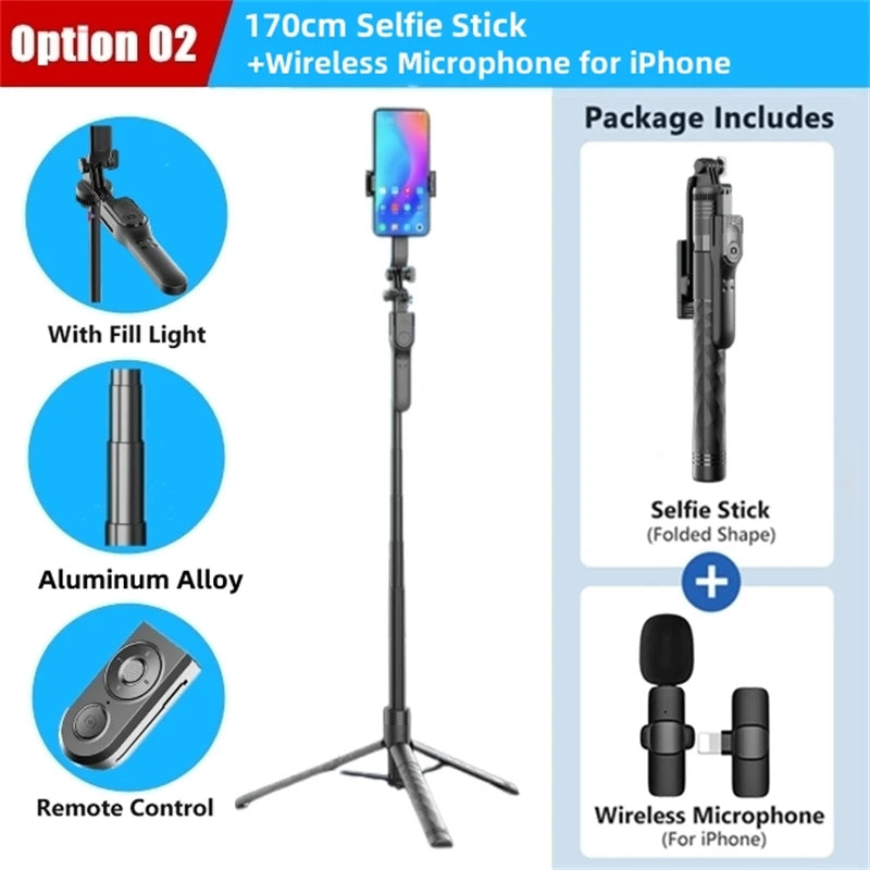 FANGTUOSI bezprzewodowy statyw selfie 1750mm ze światłem LED, składany, stabilny, idealny do smartfonów, transmisji i zdjęć.