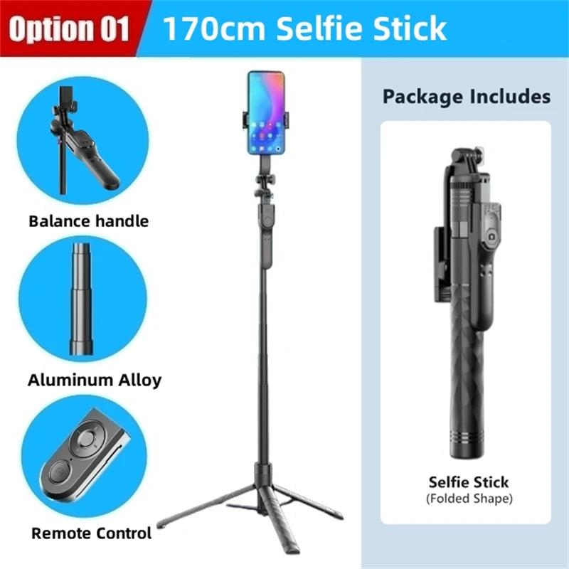 FANGTUOSI bezprzewodowy statyw selfie 1750mm ze światłem LED, składany, stabilny, idealny do smartfonów, transmisji i zdjęć.