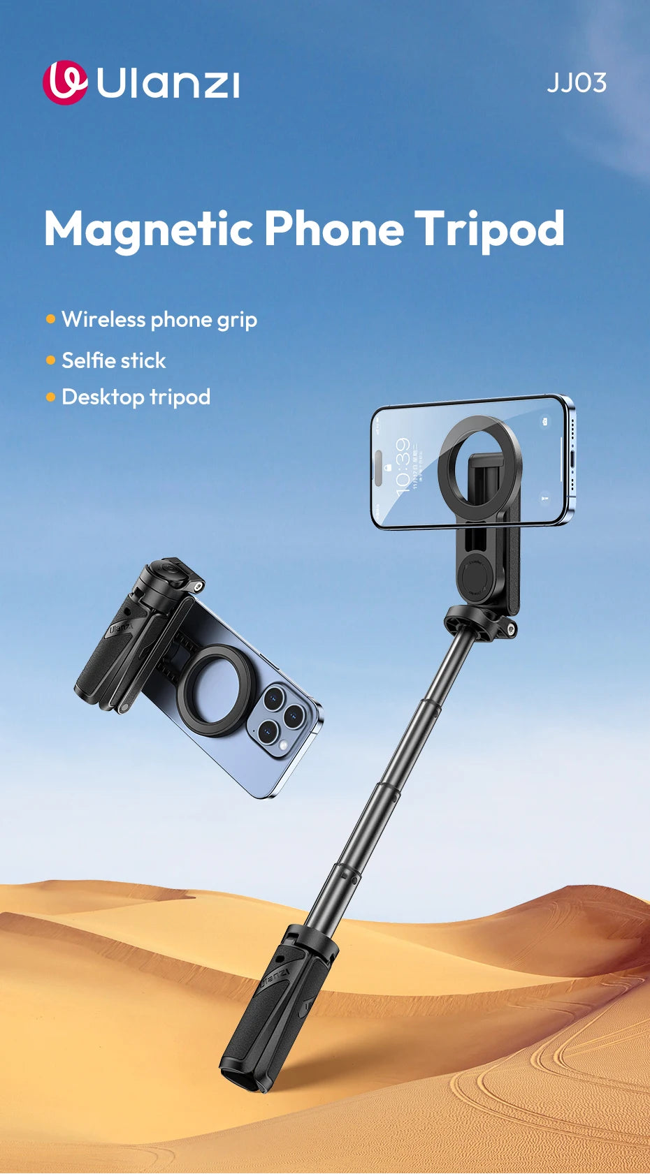 Magnetyczny statyw i selfie stick Ulanzi JJ03 z pilotem Bluetooth – idealny do iPhone 16–13 Pro Max, nagrań i streamingu.
