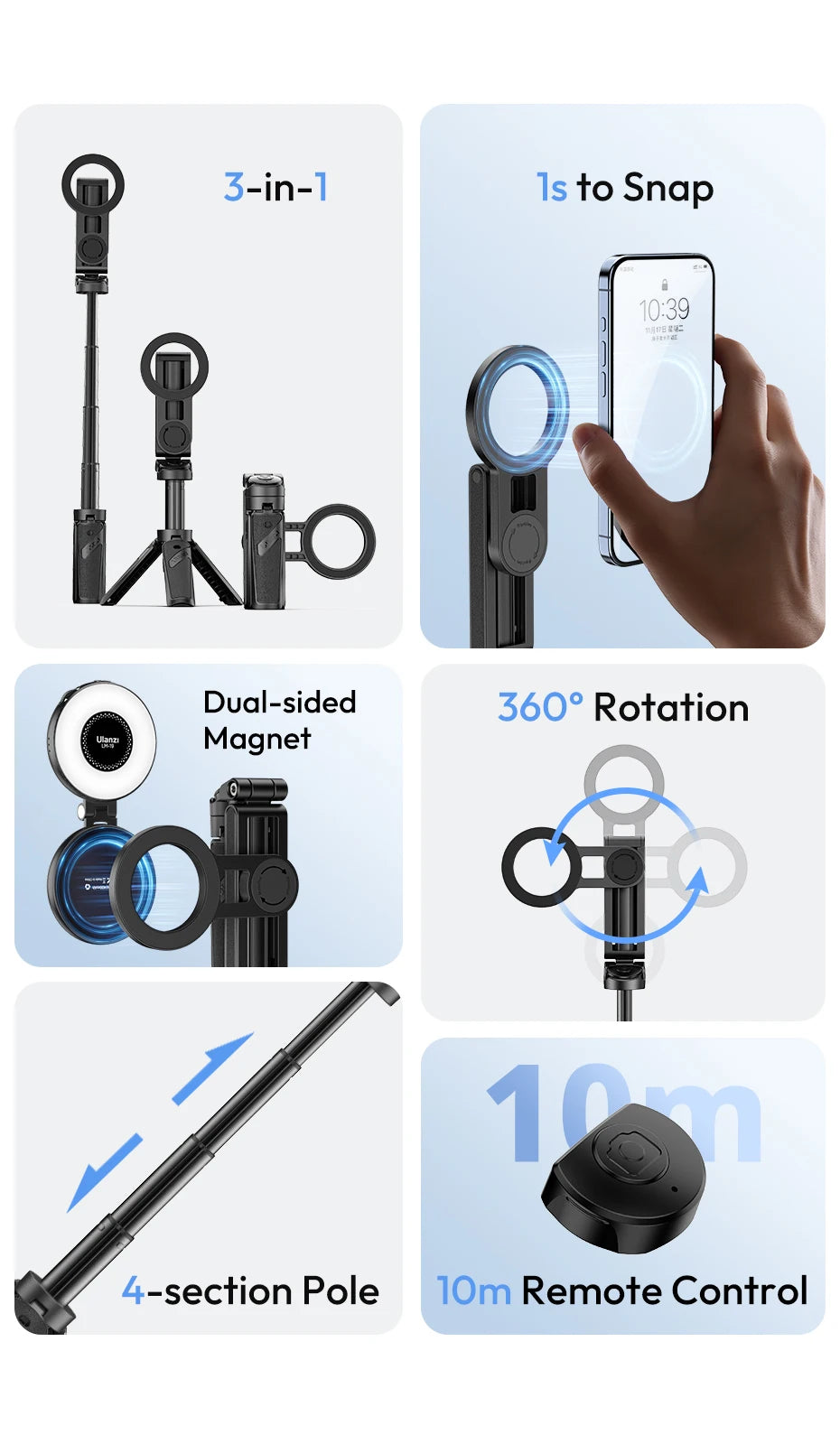 Magnetyczny statyw i selfie stick Ulanzi JJ03 z pilotem Bluetooth – idealny do iPhone 16–13 Pro Max, nagrań i streamingu.