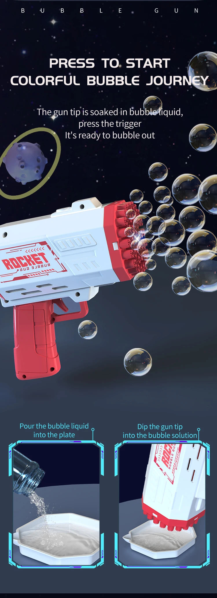 Kolorowy pistolet do baniek z 40 otworami, idealny na urodziny, wesela i zabawy dzieci na świeżym powietrzu.