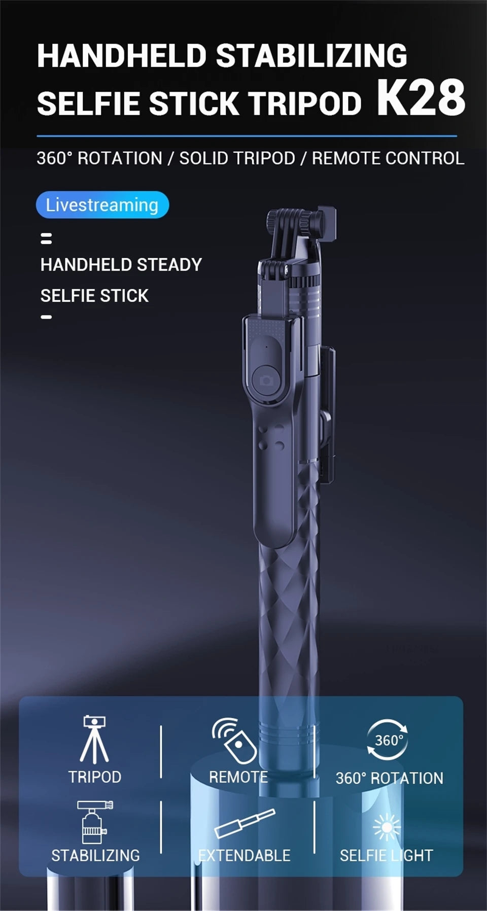 FANGTUOSI bezprzewodowy statyw selfie 1750mm ze światłem LED, składany, stabilny, idealny do smartfonów, transmisji i zdjęć.