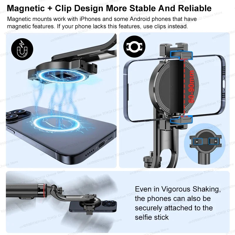 Magnetyczny statyw do selfie do iPhone'a 12-16 Pro Max, 51-calowy statyw podróżny z Magsafe, zacisk do telefonu do smartfona z systemem Android