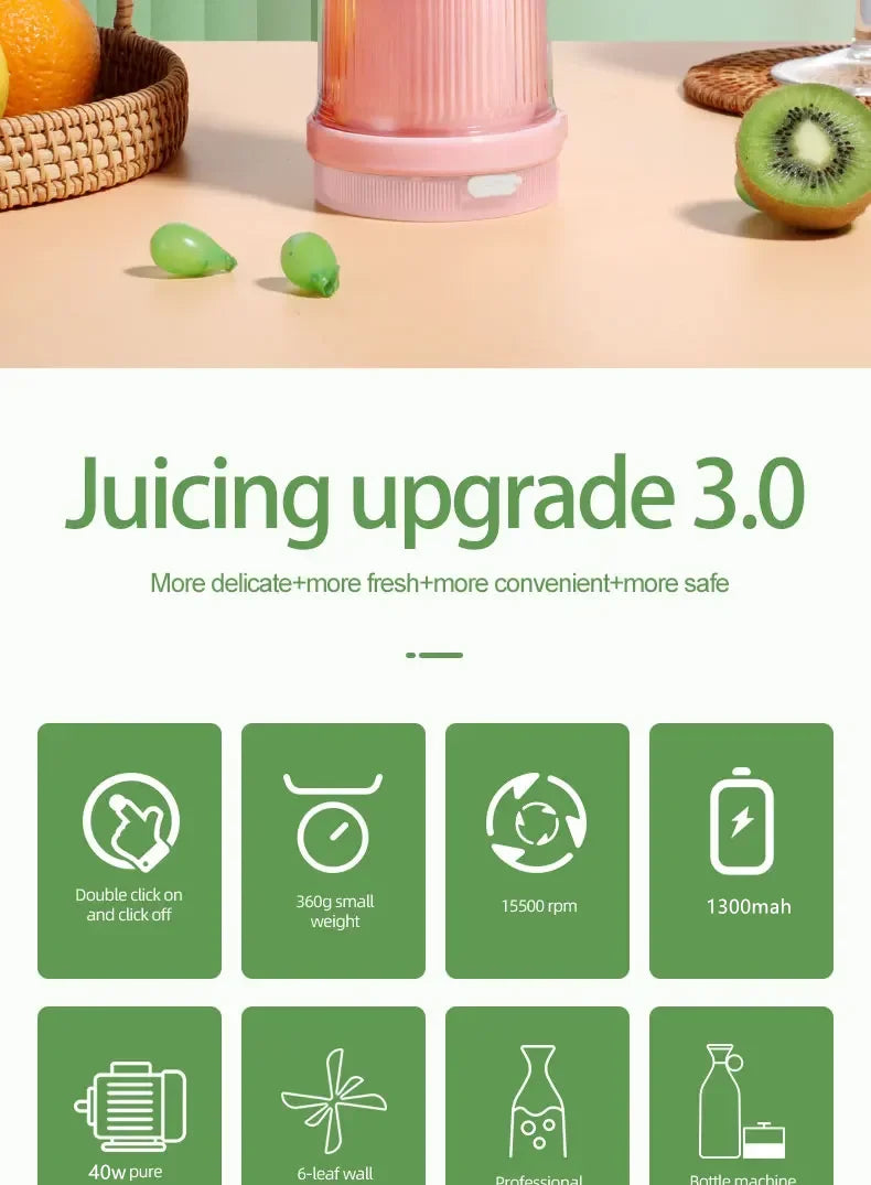 Przenośny blender USB z 6 ostrzami, idealny do smoothie, koktajli i świeżych soków. Lekki, szybki i wygodny.