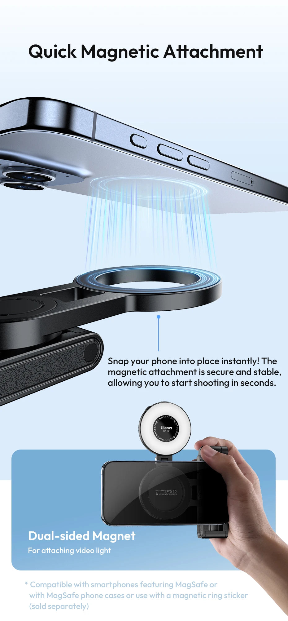 Magnetyczny statyw i selfie stick Ulanzi JJ03 z pilotem Bluetooth – idealny do iPhone 16–13 Pro Max, nagrań i streamingu.