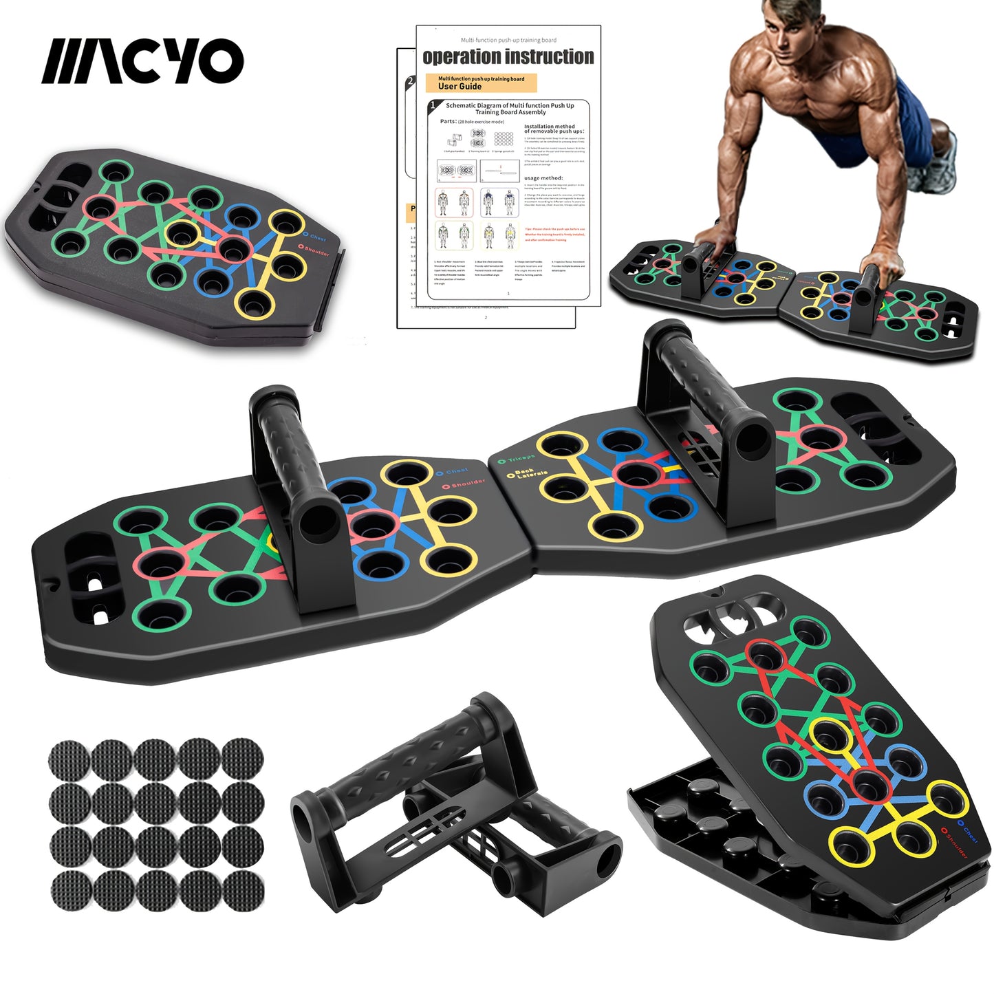 MACYO Ultimate Push-Up Board with 2 Resistance Bands - Multifunctional Home & Gym Workout Equipment, Chest Muscle Trainer, Strength Training Aid, Push-up Board, MACYO
