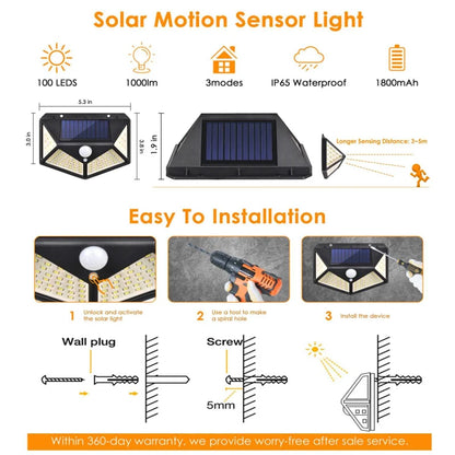 Najnowocześniejsze lampy solarne z czujnikiem ruchu – 100 LED, 3 tryby, wodoodporne IP65