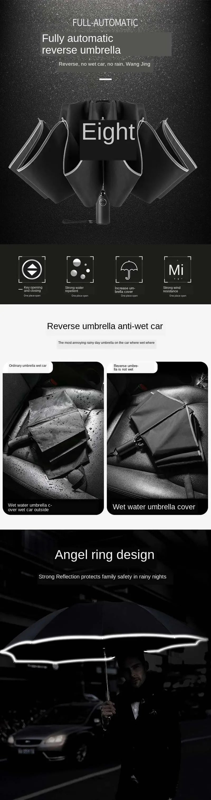 Parasol automatyczny odwracany – wiatroszczelny z odblaskowymi paskami i ochroną UV