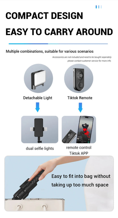 FANGTUOSI bezprzewodowy statyw selfie 1750mm ze światłem LED, składany, stabilny, idealny do smartfonów, transmisji i zdjęć.