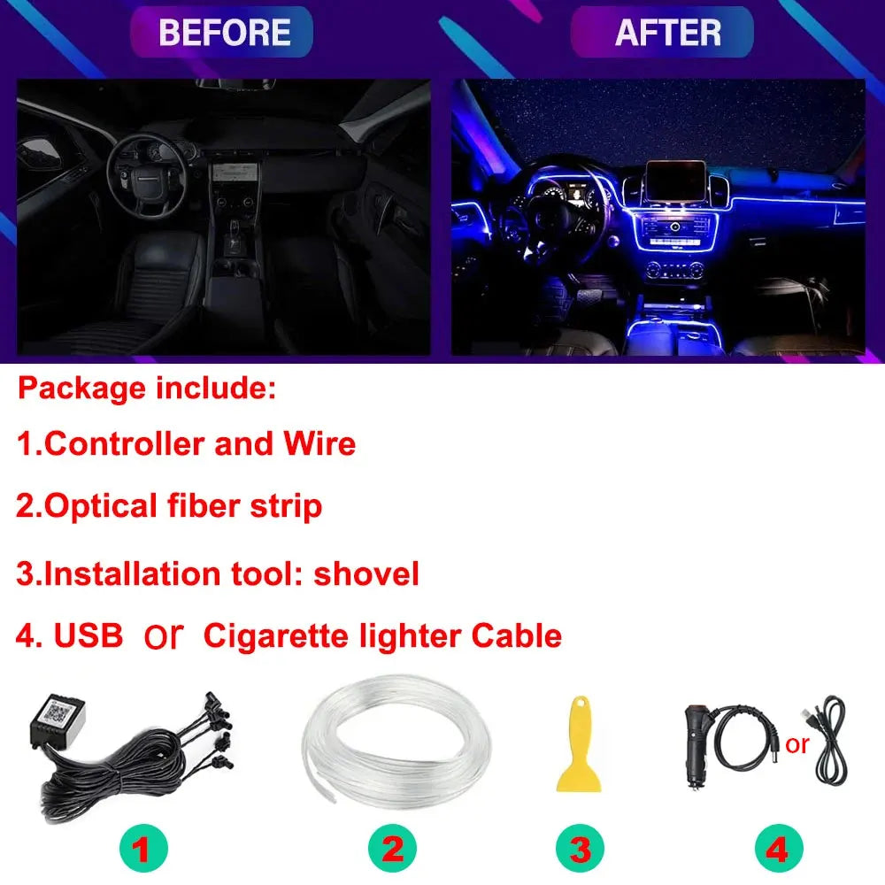 Neonowe LED RGB KIEND – 6w1, 8m, Oświetlenie Ambientowe do Samochodu z Sterowaniem Aplikacją