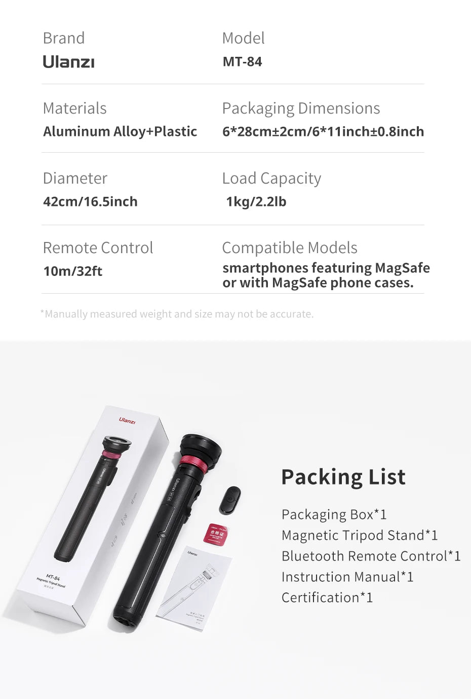Statyw i selfie stick 2w1 Ulanzi MT-84 z MagSafe i pilotem Bluetooth – idealny do vlogów, streamingu, iPhone 16/15.