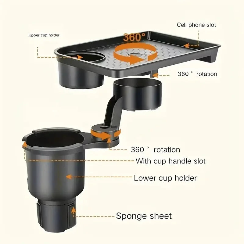 Uniwersalny Samochodowy Stolik z Podwójnym Uchwytom na Kubki – Regulowany Organizer,  360° obracany
