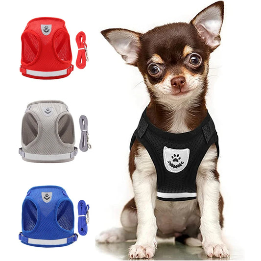 Odblaskowy zestaw uprzęży i smyczy dla psów i kotów, idealny dla małych i średnich ras, np. Chihuahua, Mops.