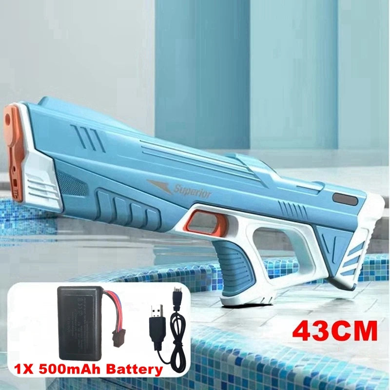 W pełni automatyczny elektryczny pistolet na wodę 43 cm – przenośna zabawka na plażę, idealna do walk wodnych dla dzieci.