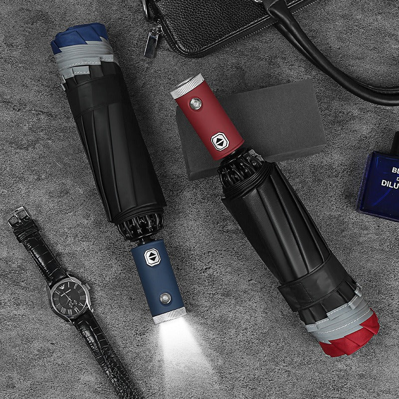 W pełni automatyczny parasol składany z latarką LED – 10 żeber, wiatroodporny, z paskiem odblaskowym i filtrem UV