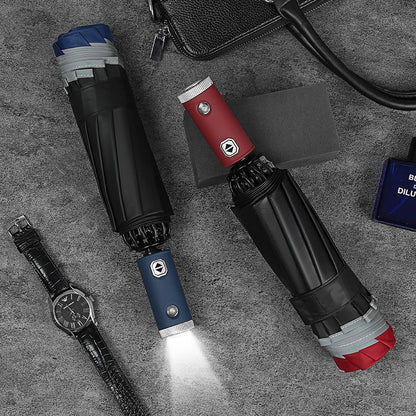 W pełni automatyczny parasol składany z latarką LED – 10 żeber, wiatroodporny, z paskiem odblaskowym i filtrem UV
