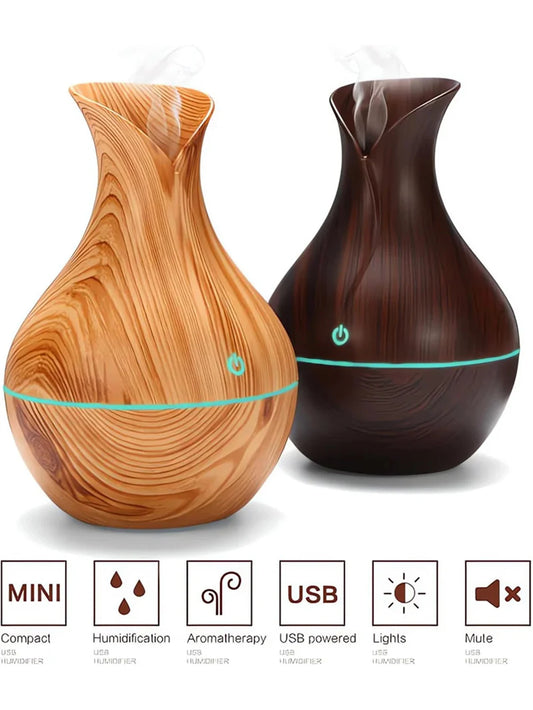 Mini nawilżacz powietrza USB 130ML z efektem drewna – dyfuzor aromaterapii LED do olejków eterycznych i chłodnej mgiełki.