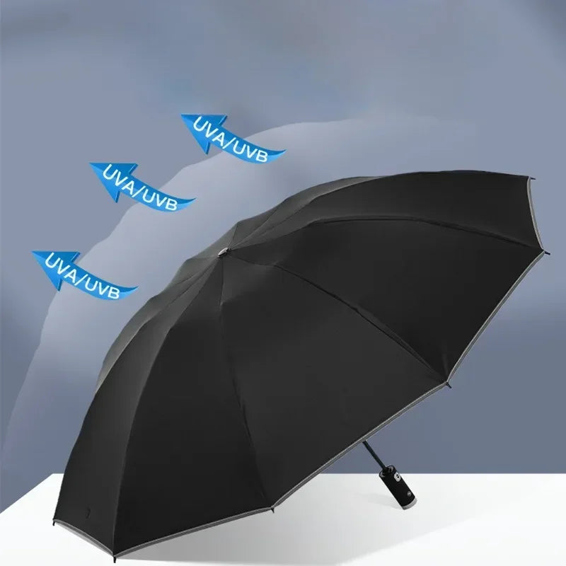 W pełni automatyczny parasol składany z latarką LED – 10 żeber, wiatroodporny, z paskiem odblaskowym i filtrem UV