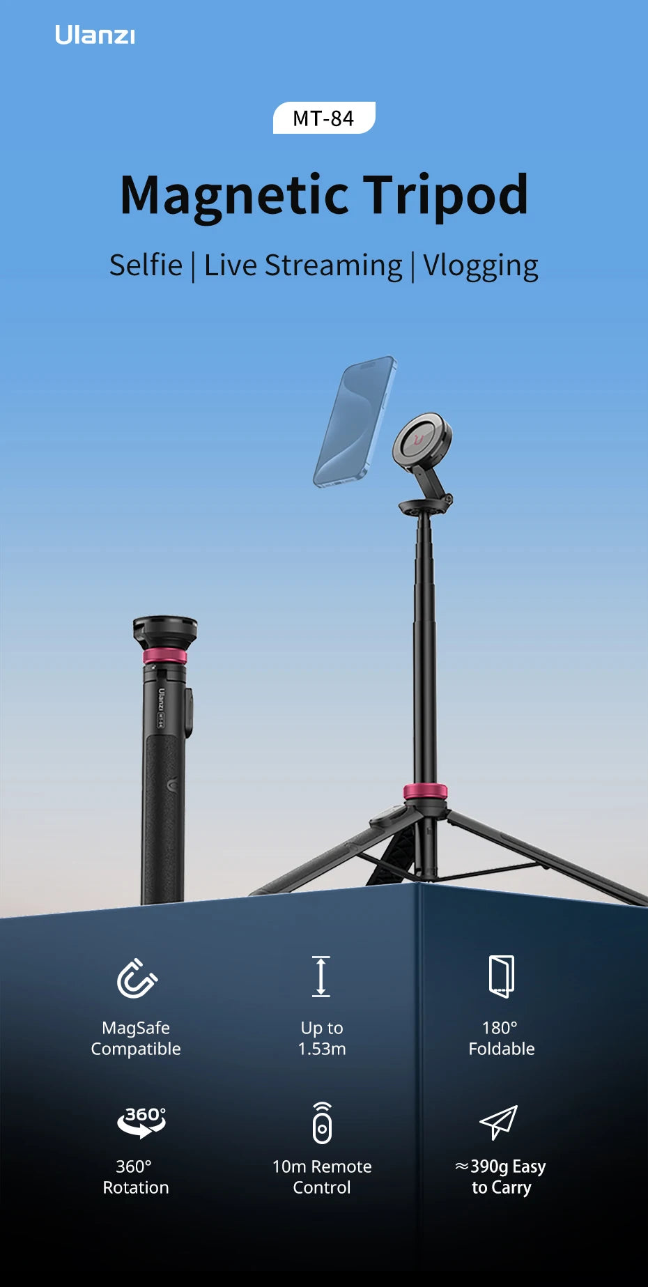 Statyw i selfie stick 2w1 Ulanzi MT-84 z MagSafe i pilotem Bluetooth – idealny do vlogów, streamingu, iPhone 16/15.