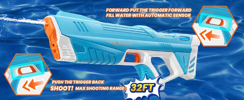 W pełni automatyczny elektryczny pistolet na wodę 43 cm – przenośna zabawka na plażę, idealna do walk wodnych dla dzieci.