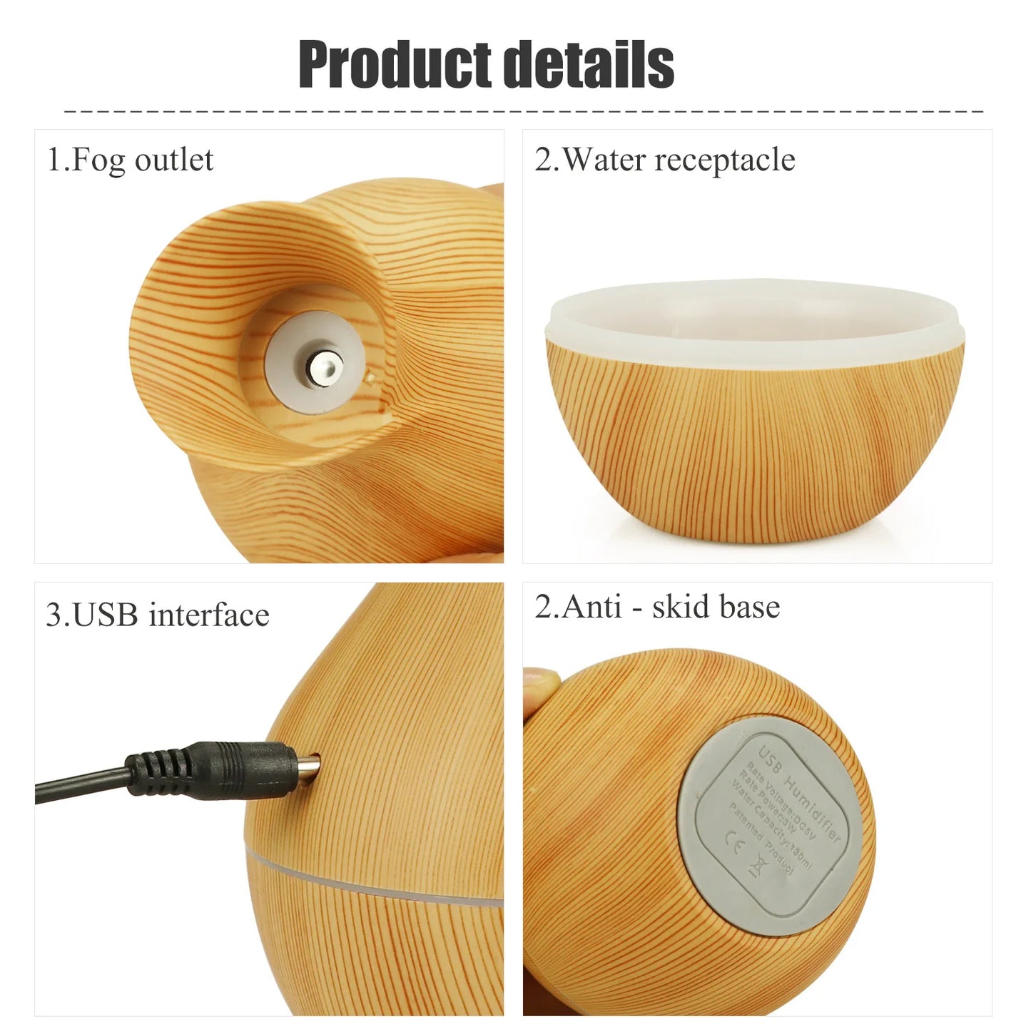 Mini nawilżacz powietrza USB 130ML z efektem drewna – dyfuzor aromaterapii LED do olejków eterycznych i chłodnej mgiełki.