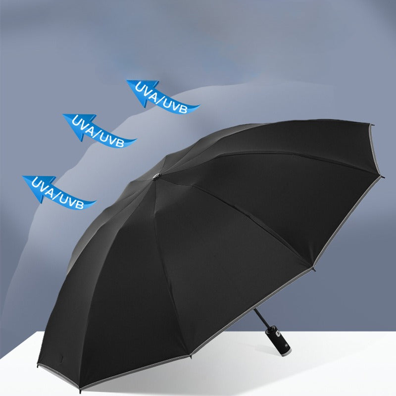 W pełni automatyczny parasol składany z latarką LED – 10 żeber, wiatroodporny, z paskiem odblaskowym i filtrem UV