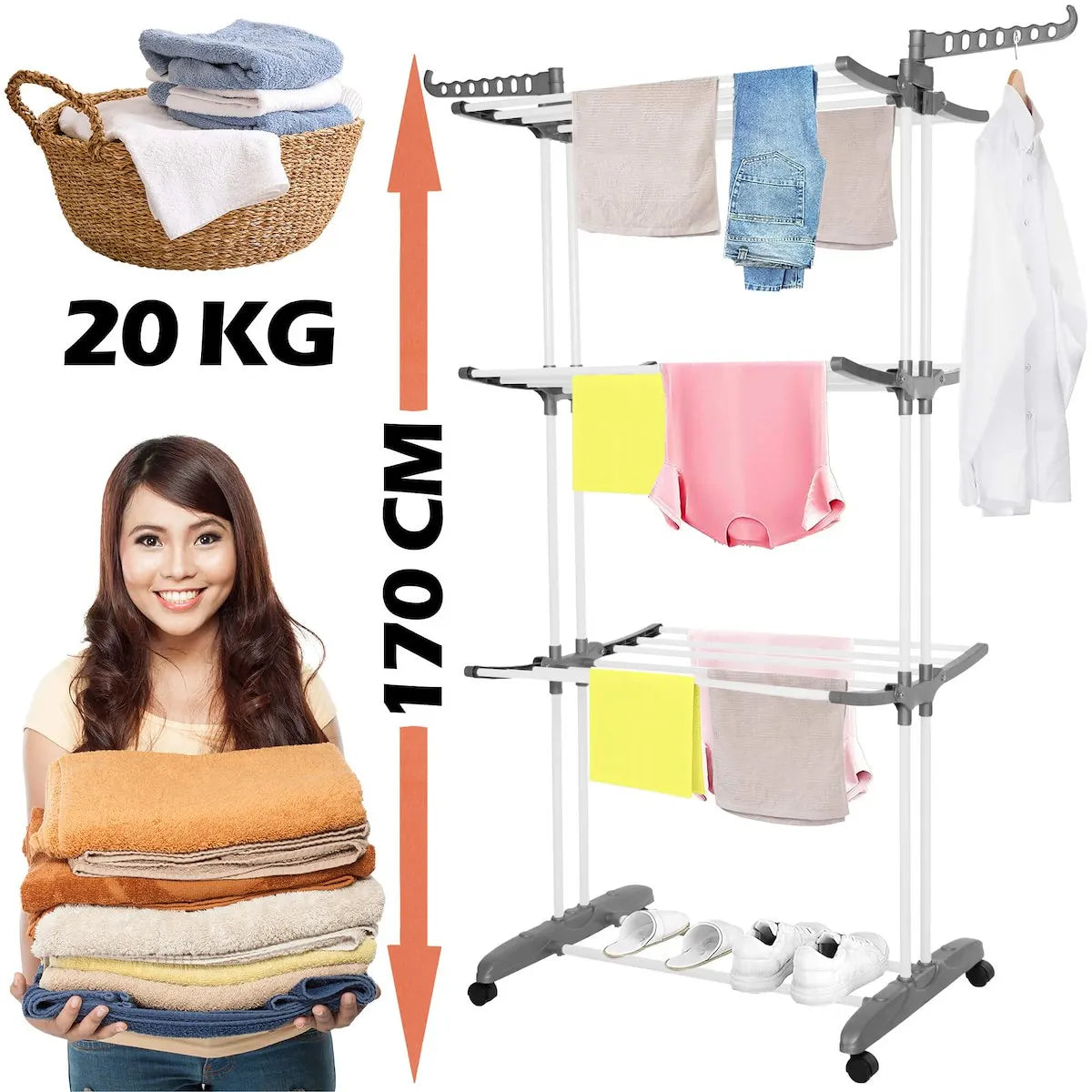 Springos® Suszarka balkonowa składana pionowa 170x75,5x57 cm – wygodne suszenie nawet dużych ilości prania