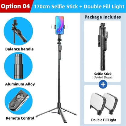 FANGTUOSI bezprzewodowy statyw selfie 1750mm ze światłem LED, składany, stabilny, idealny do smartfonów, transmisji i zdjęć.